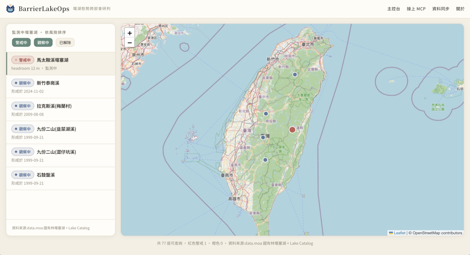 全台堰塞湖監測，依風險排序